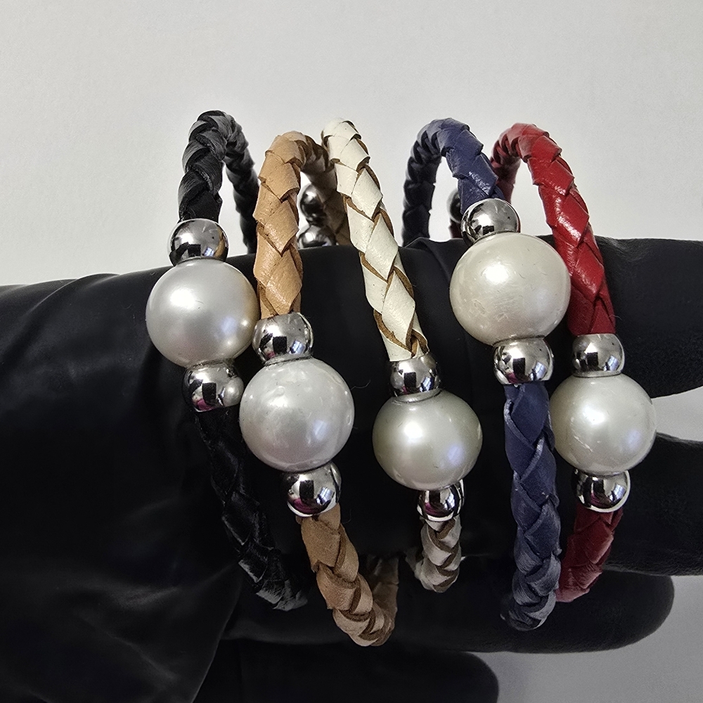 Sterling Silver 925 Leather and Pearl Bracelet Choose Your Color